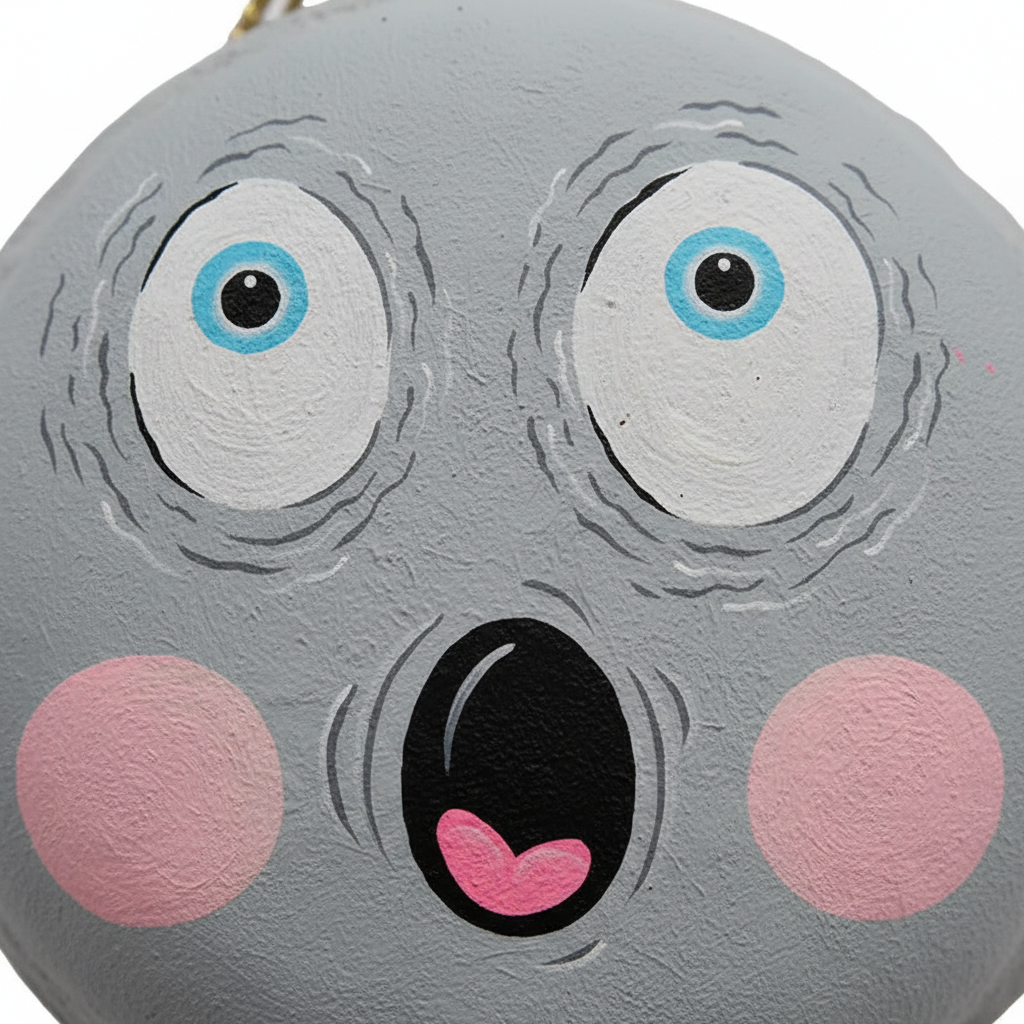 Zoom detalle macarrón colgante fantasma gris papel maché 30cm cara asustada ojos azules boca abierta Halloween