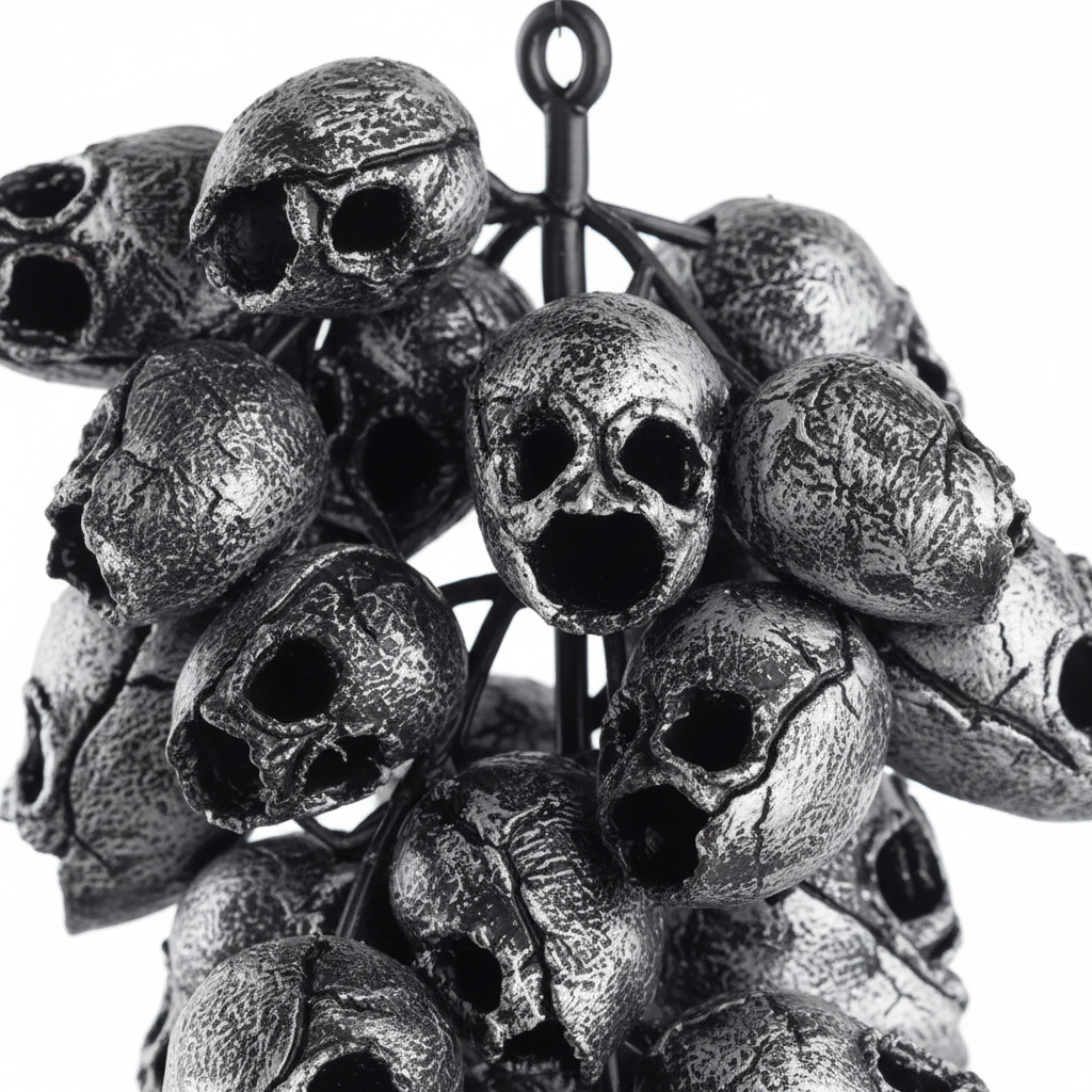 Zoom detalle racimo colgante calaveras plástico negro plateado envejecido cuencas huecas Halloween 30cm