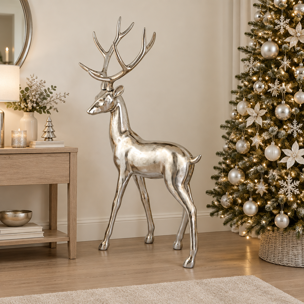 Imagen generada de un reno decorativo plateado de 155 cm junto a un árbol de Navidad; accesorios no incluidos
