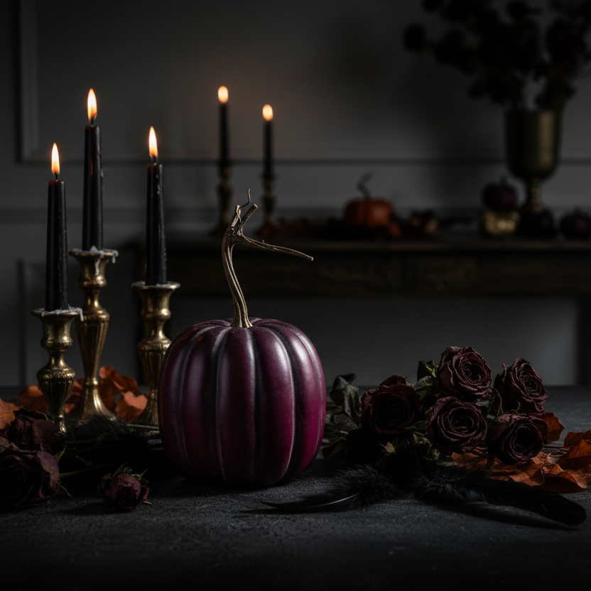 Decoración Halloween oscuro sofisticado calabaza látex vinotinto ciruela 20cm tallo ramificado Caracas Venezuela