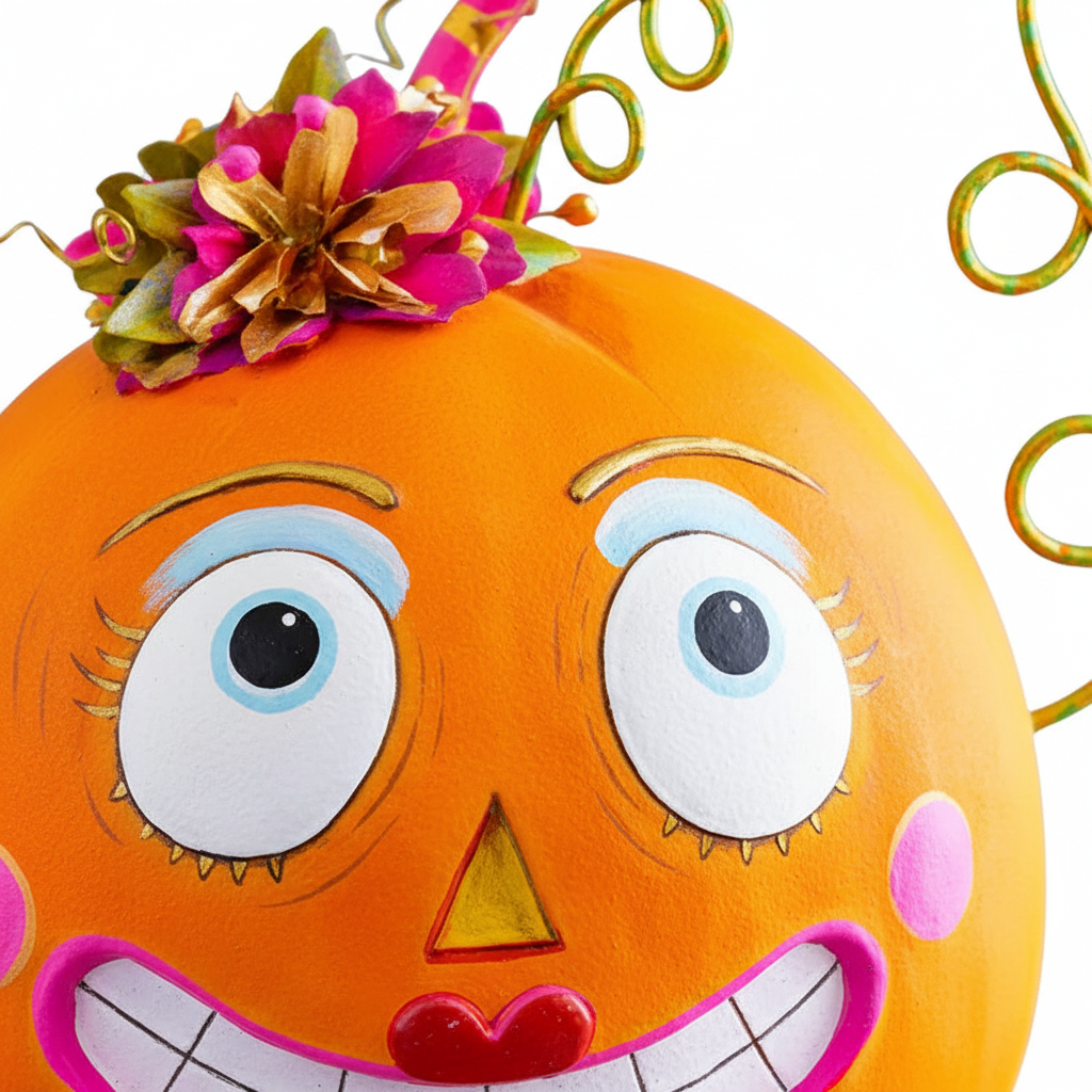 Zoom detalle calabaza decorativa Halloween resina 41cm cara femenina ojos azules lazo multicolor zarcillos dorados