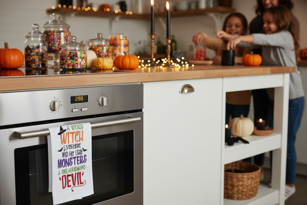 Decoración cocina Halloween familiar con paño bordado A Wicked Witch Lives Here algodón Caracas Venezuela