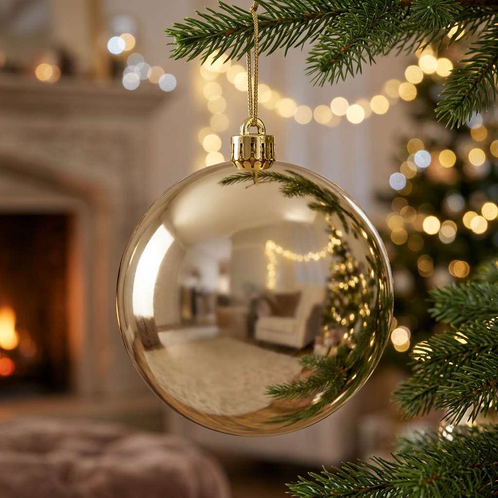 Bambalina brillante champagne de 20 cm ambientada en un árbol de Navidad