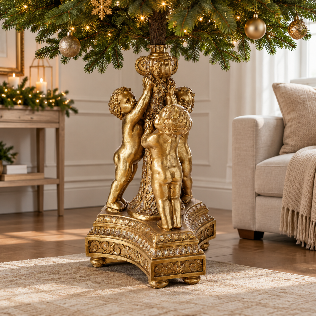Base dorada Cherub con querubines sosteniendo un árbol de Navidad en una sala