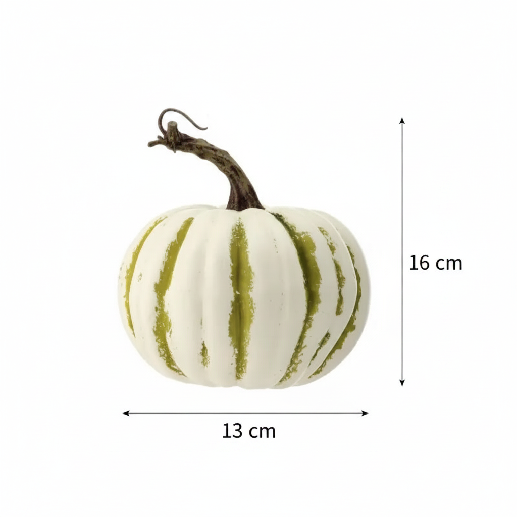 Medidas calabaza decorativa látex crema rayas verdes 13cm ancho 16cm alto cotas externas ficha técnica