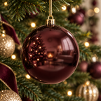 Imagen generada de una bambalina Perlada vinotinto con remate dorado ambientada en un árbol de Navidad