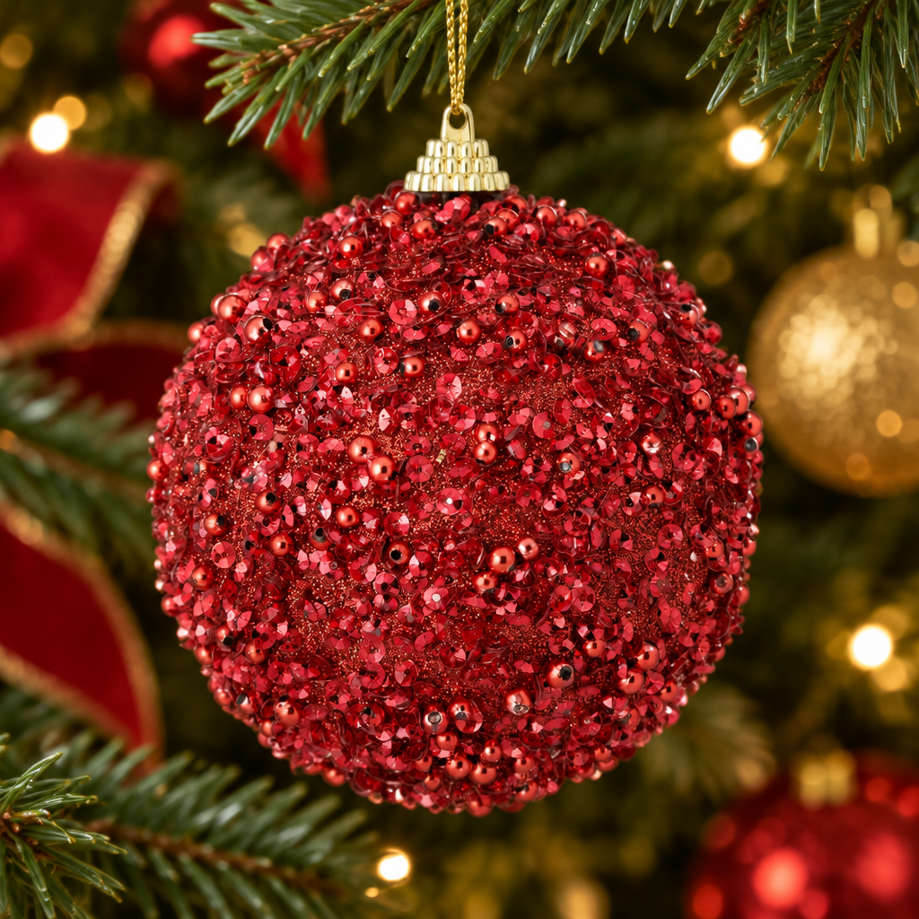 Imagen generada de una bambalina Perlas roja con cuentas decorativas ambientada en un árbol de Navidad