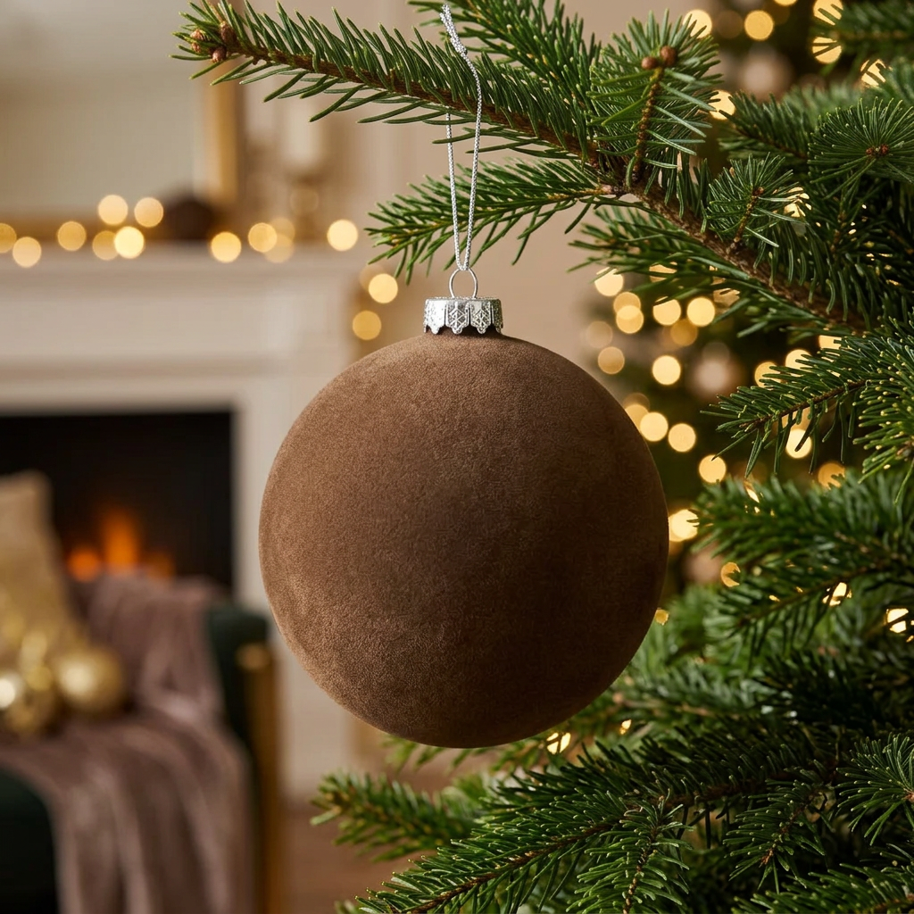 Bambalina flocada marrón de 20 cm ambientada en un árbol de Navidad