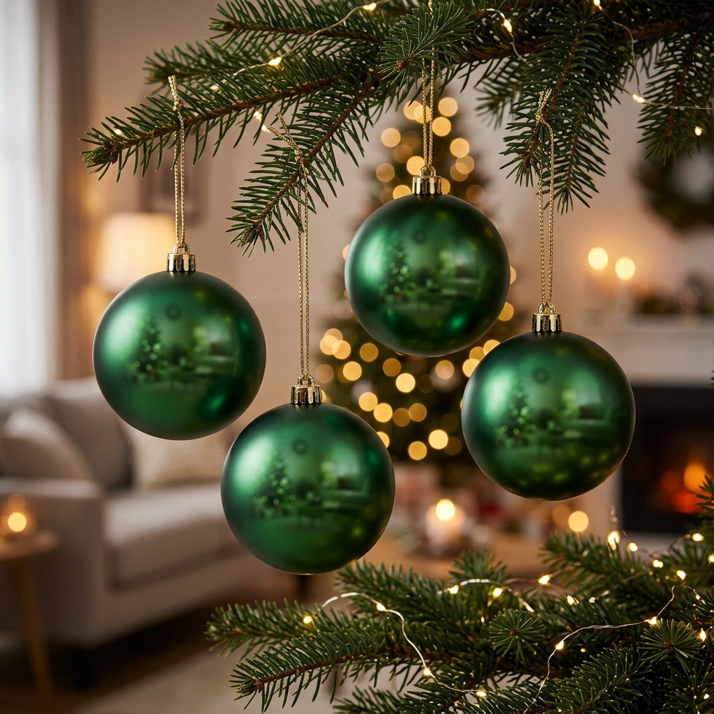 Set de 4 bambalinas perladas verdes de 10 cm ambientadas en árbol de Navidad