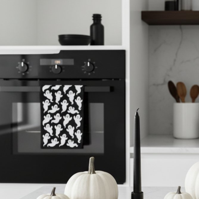 Decoración cocina Halloween con paño fantasmas negro blanco algodón Caracas Venezuela