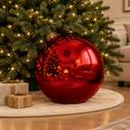 Bambalina roja brillante de 50 cm apoyada en la base de un árbol de Navidad