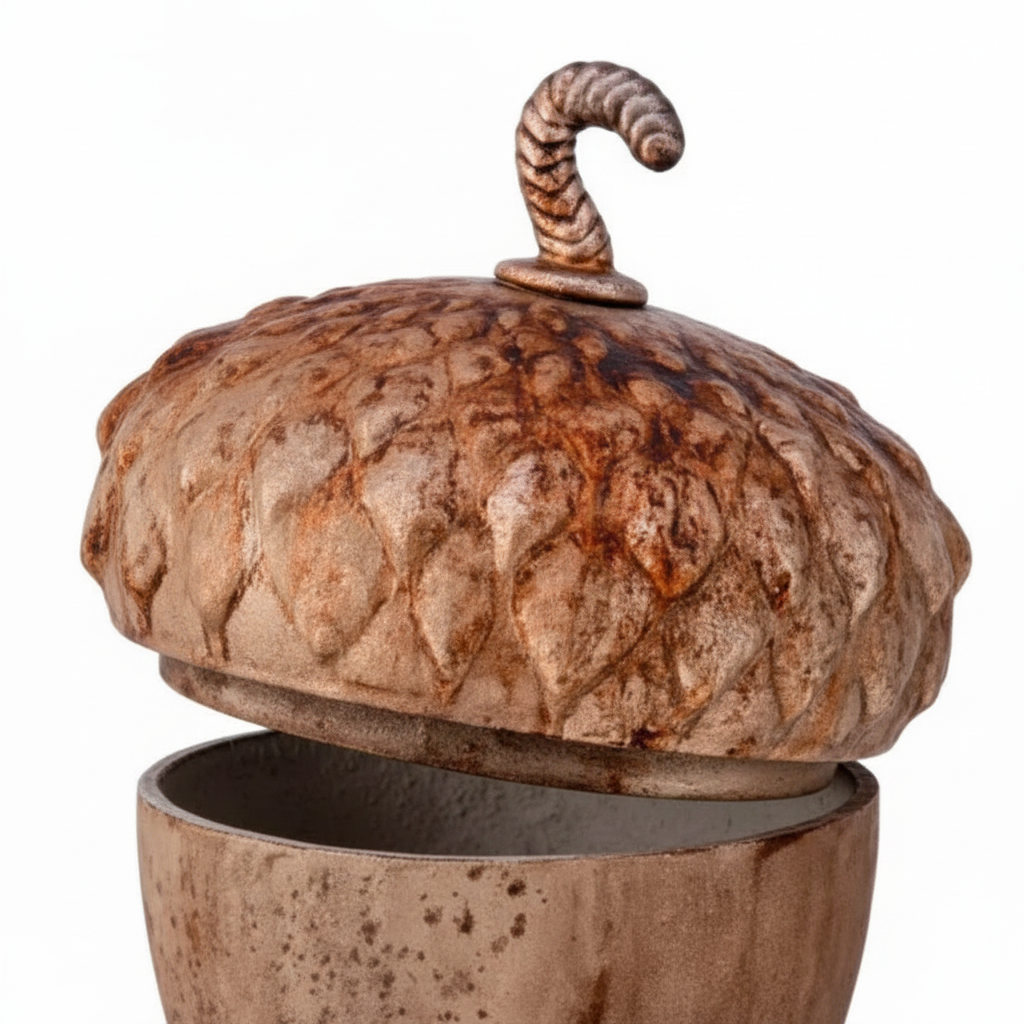 Zoom detalle envase decorativo bellota con tapa resina marrón cobre envejecido 20cm escamas pedúnculo retorcido Acción de Gracias