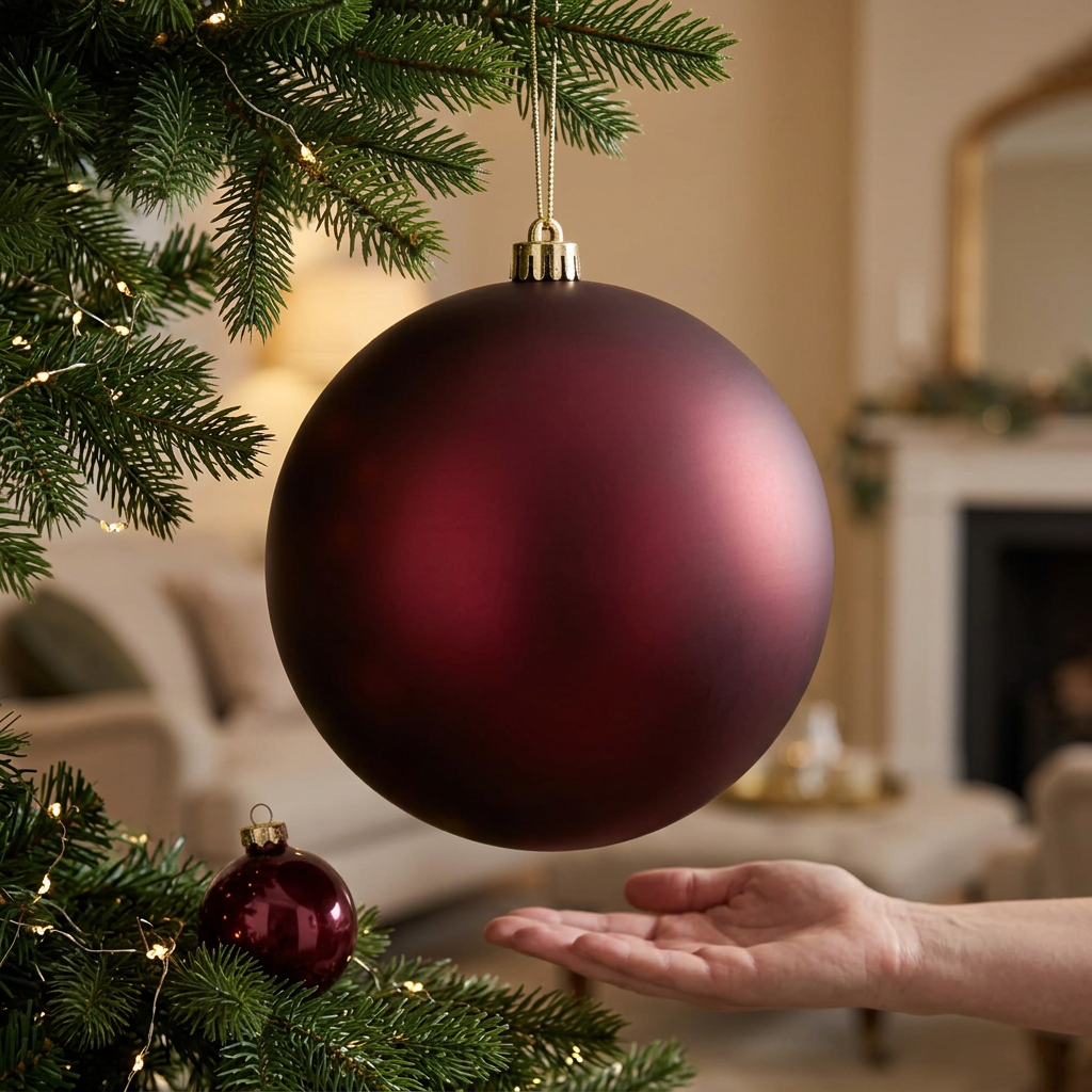 Bambalina mate vinotinto grande de 20 cm ambientada en árbol de Navidad