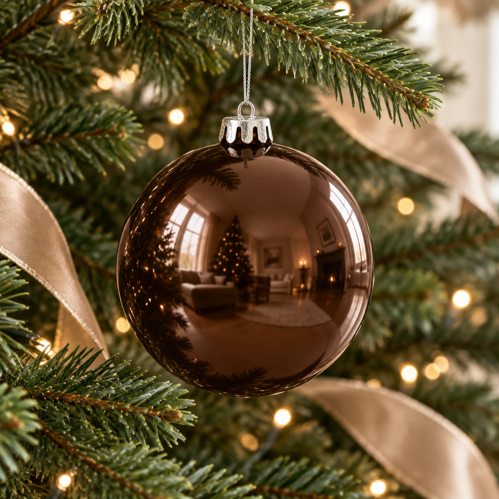 Imagen generada de una bambalina Brillante marrón de superficie reflectante ambientada en un árbol de Navidad