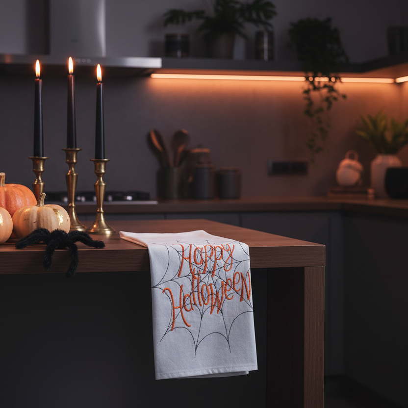 Decoración cocina Halloween con paño bordado telaraña Happy Halloween algodón blanco Caracas Venezuela