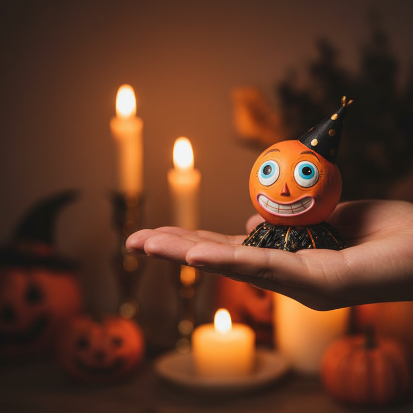 Figura calabaza fiesta Halloween 11cm en palma de mano mostrando escala real resina pintada a mano Caracas Venezuela