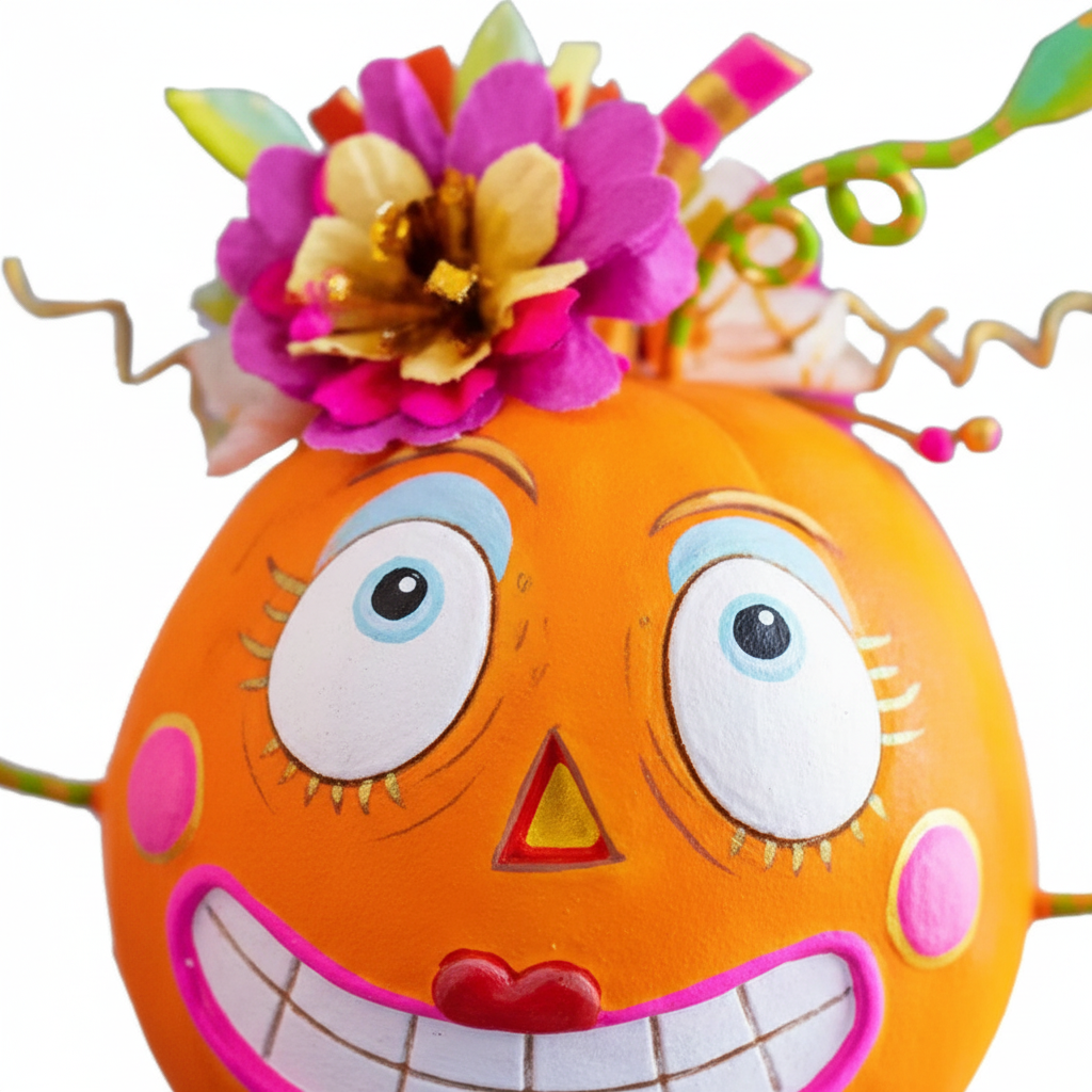 Zoom detalle calabaza decorativa Halloween resina mini 13cm cara femenina ojos azules lazo floral zarcillos verdes