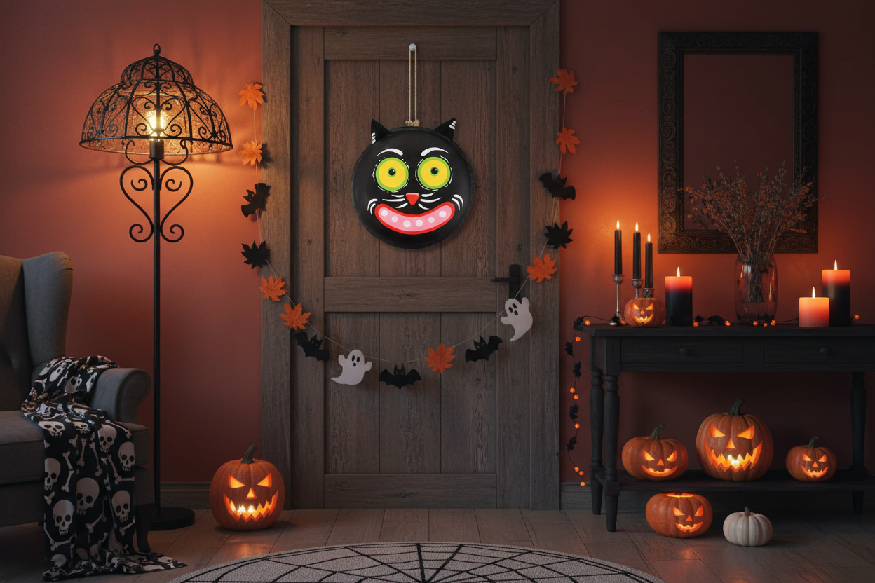 Decoración Halloween colgante macarrón gato negro papel maché 30cm puerta techo Caracas Venezuela
