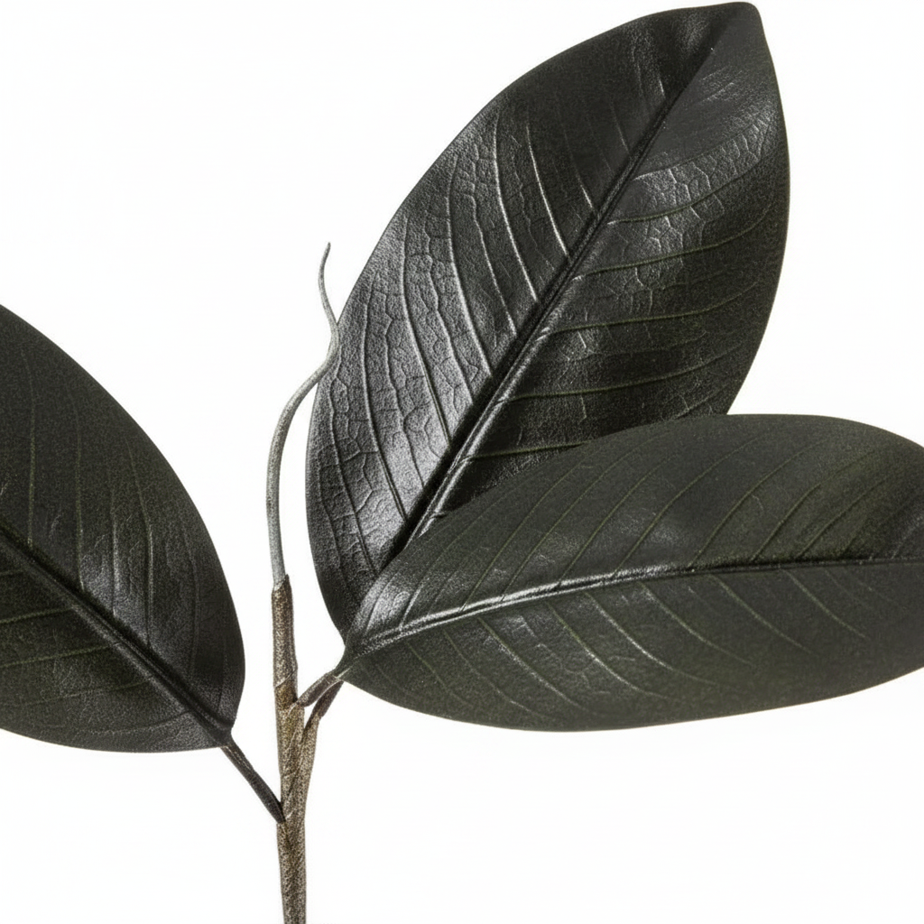 Zoom detalle hojas negras brillantes rama magnolia artificial hiperrealista Halloween 58cm