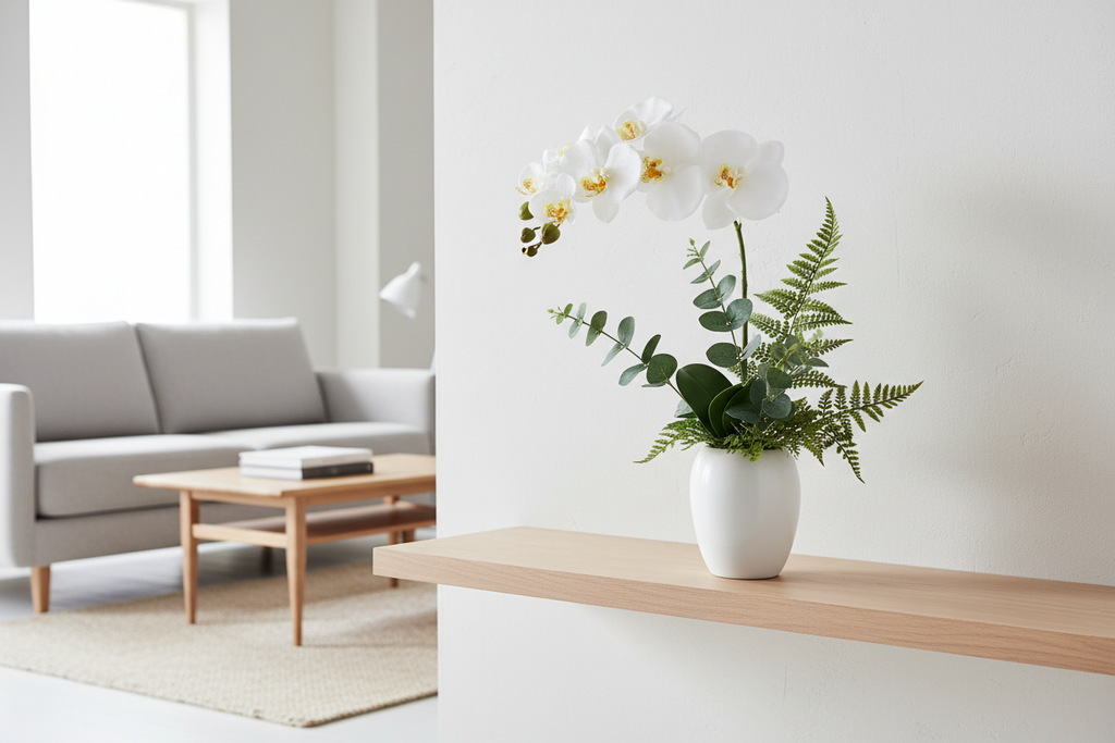 Orquídea Phalaenopsis blanca con follaje en jarrón blanco sobre repisa flotante