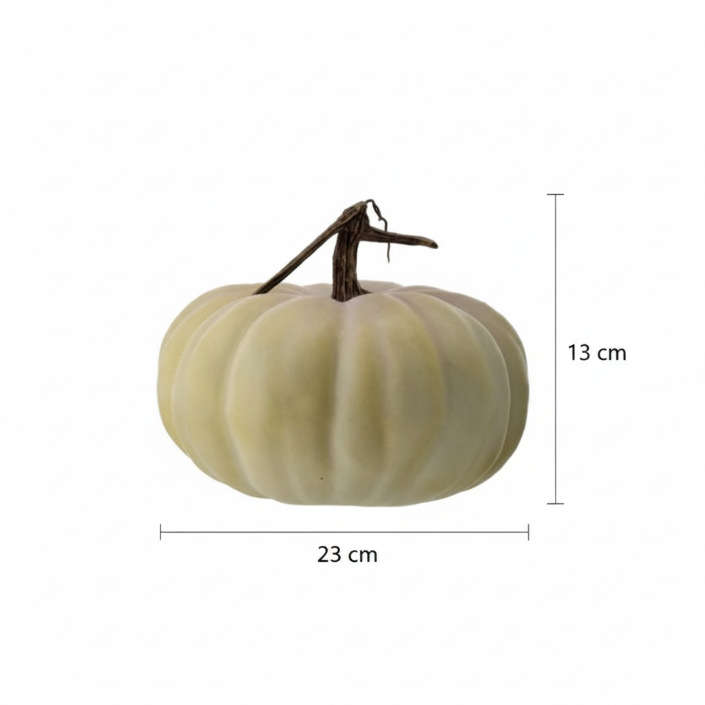 Medidas calabaza decorativa látex verde sage plana 13cm alto 23cm ancho cotas externas ficha técnica