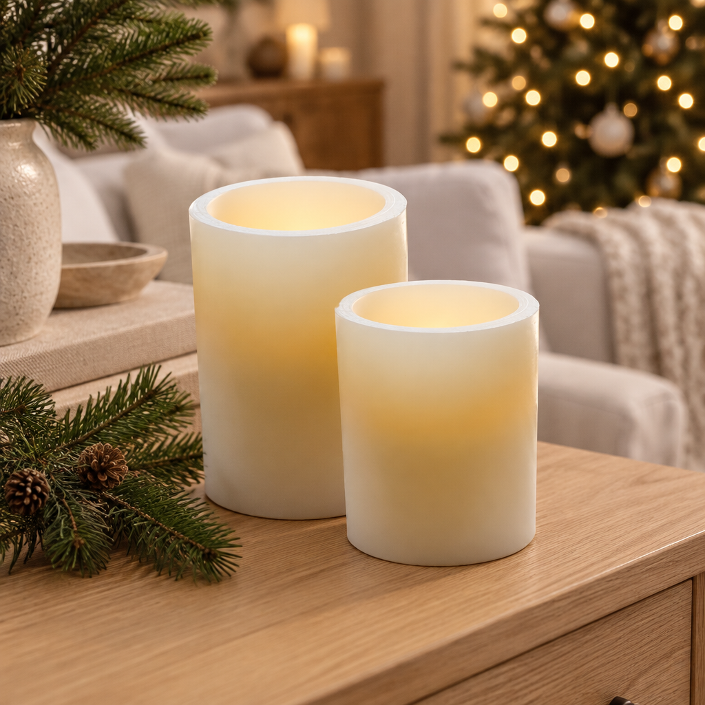 Imagen generada del set de dos velas LED blancas sobre una consola en un ambiente navideño