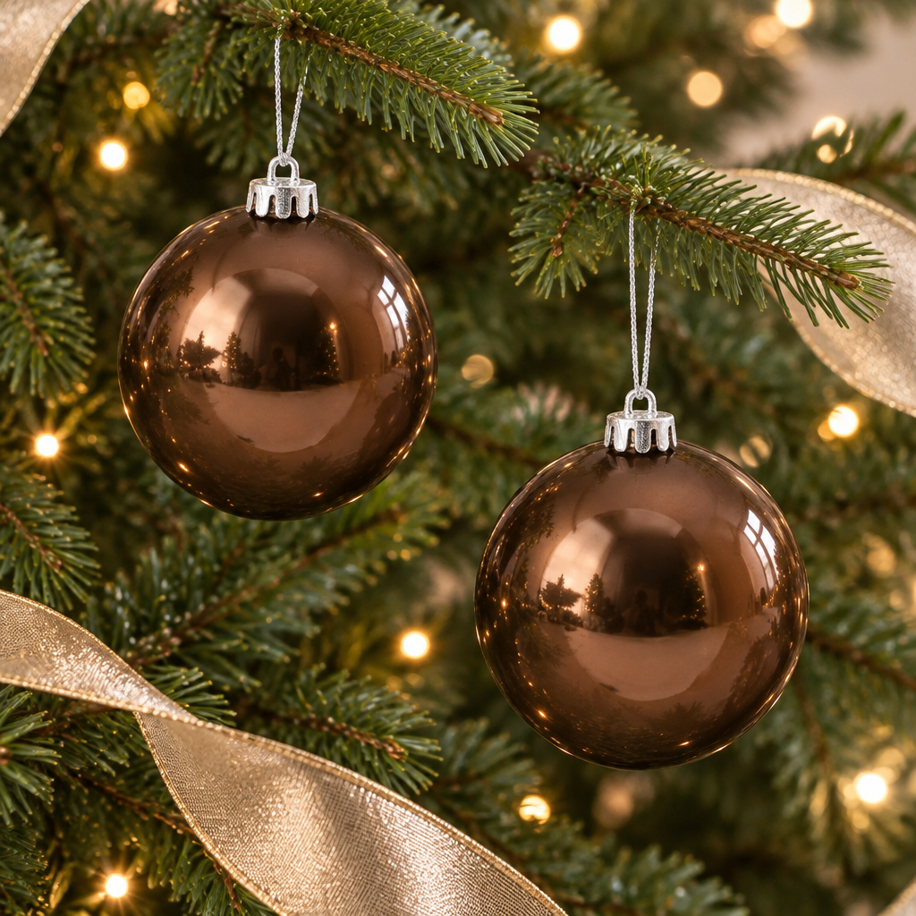 Imagen generada de dos bambalinas perladas marrones ambientadas en un árbol de Navidad