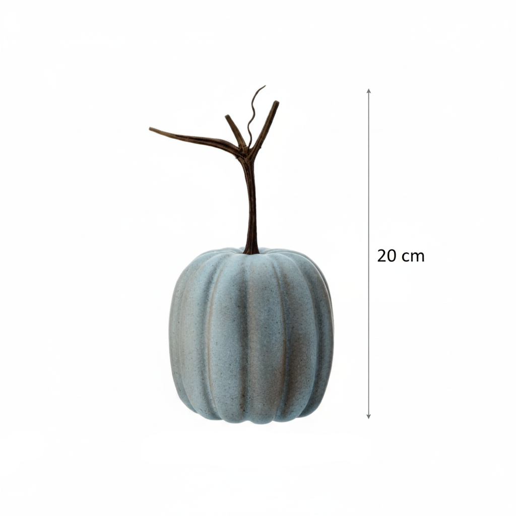 Medidas calabaza decorativa látex azul sage 20cm alto 20cm ancho cotas externas ficha técnica Acción de Gracias