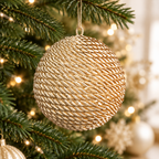 Imagen generada de una bambalina Hoop dorada con textura trenzada ambientada en un árbol de Navidad