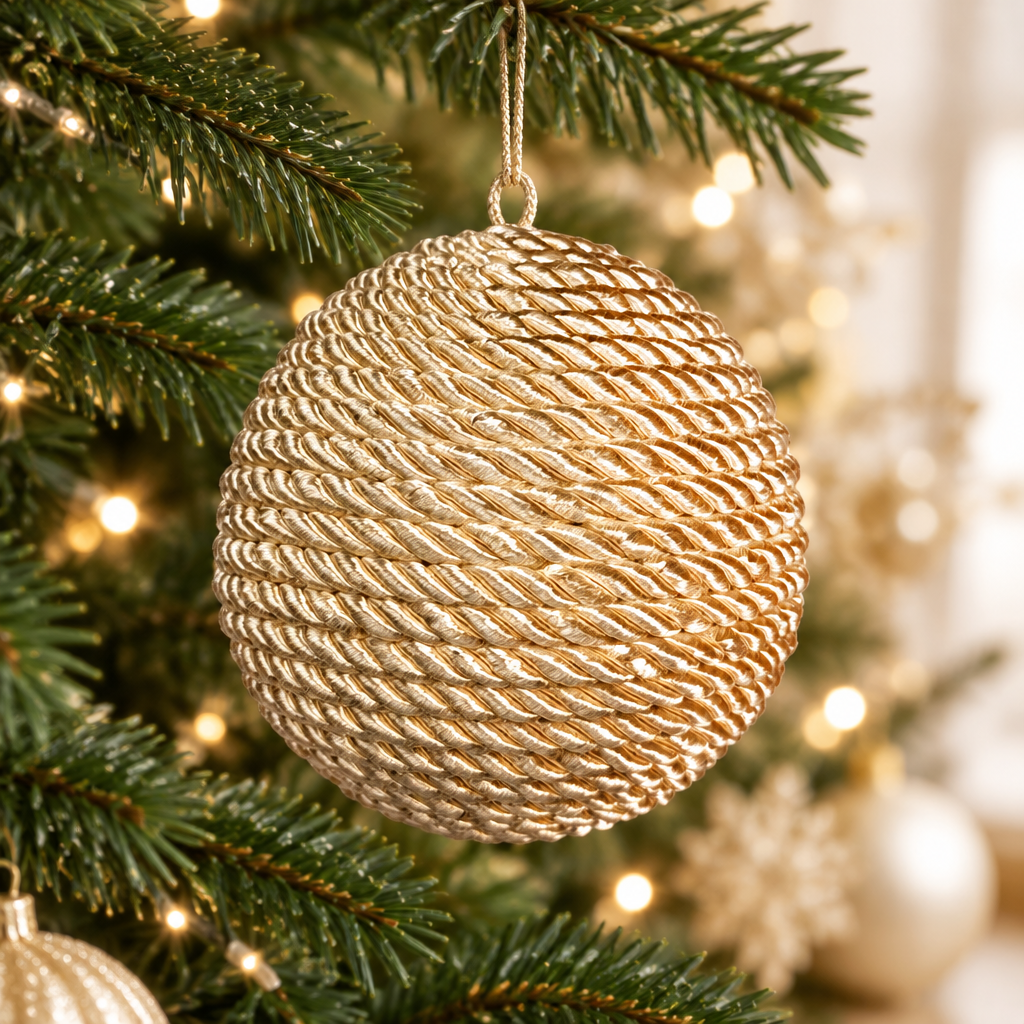 Imagen generada de una bambalina Hoop dorada con textura trenzada ambientada en un árbol de Navidad