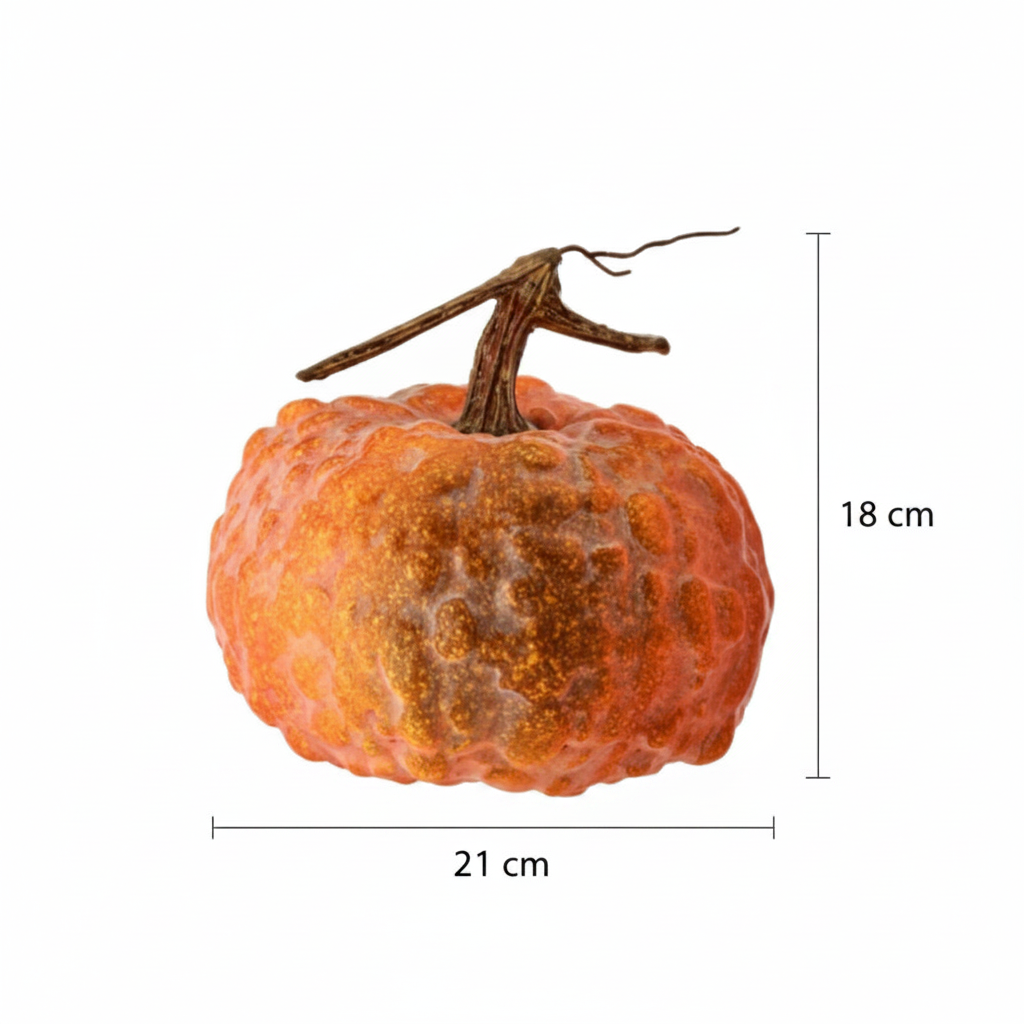 Medidas calabaza decorativa híbrida verrugosa naranja 21cm ancho 18cm alto cotas externas ficha técnica