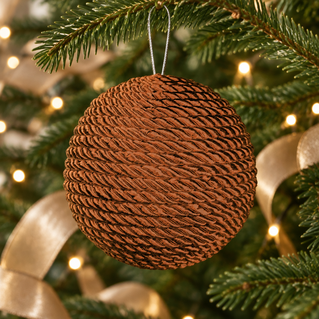 Imagen generada de una bambalina Hoop bronce con textura trenzada ambientada en un árbol de Navidad