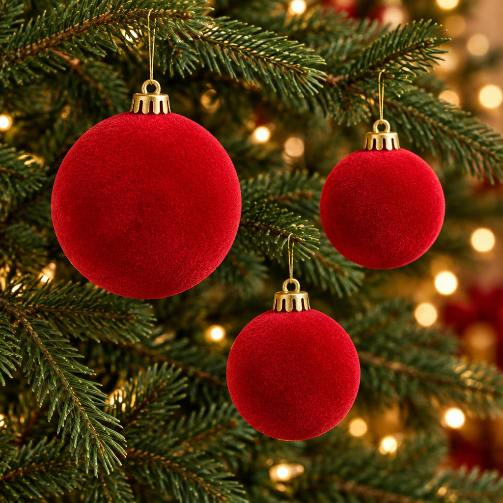 Imagen generada de tres bambalinas flocadas rojas con remates dorados en un árbol de Navidad