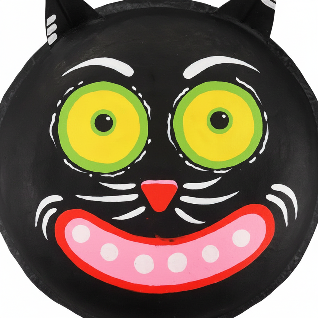 Zoom detalle macarrón colgante gato negro papel maché 30cm ojos amarillo-verdes bigotes blancos orejas Halloween