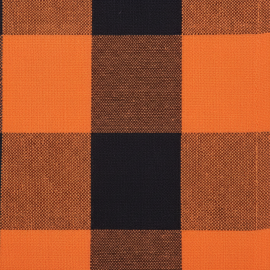 Zoom detalle patrón buffalo check cuadros grandes naranja negro algodón paño cocina Halloween farmhouse