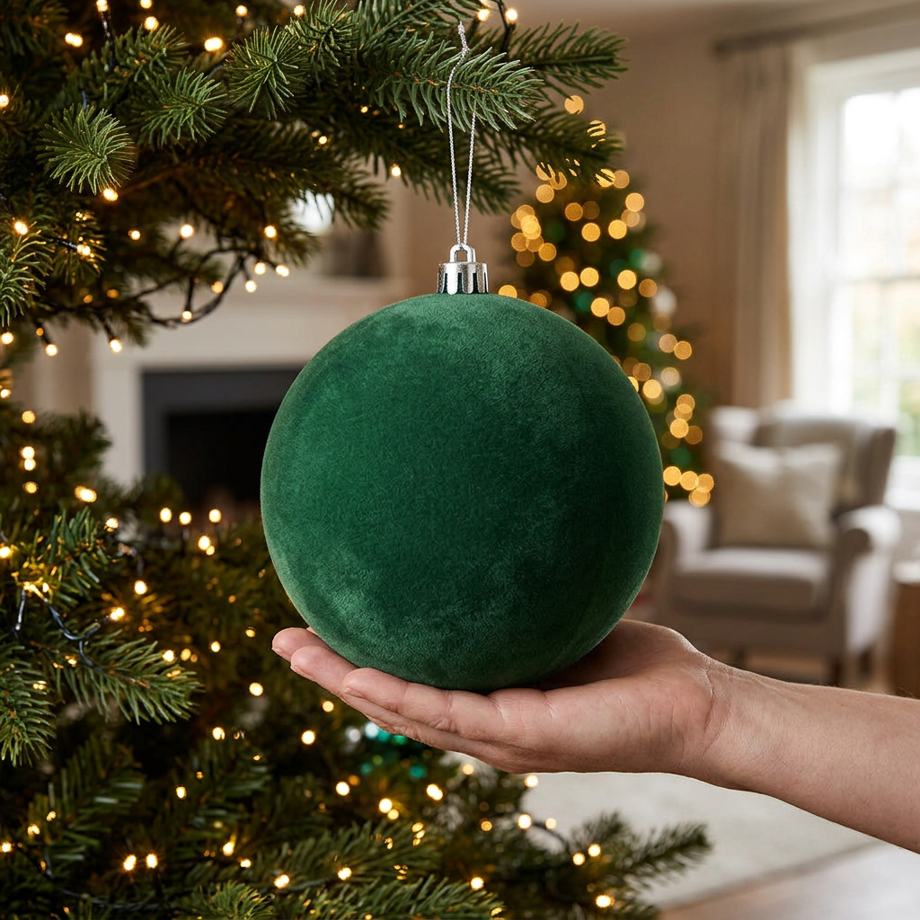 Una bambalina flocada verde de 20 cm con mano como referencia de tamaño