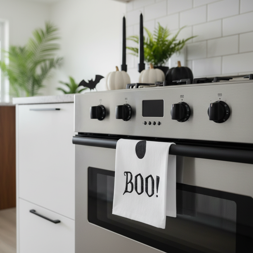 Decoración cocina Halloween con paño bordado BOO fantasma algodón blanco negro Caracas Venezuela