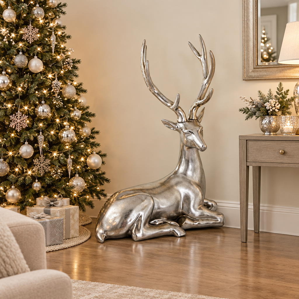 Imagen generada de un reno decorativo plateado recostado de 110 cm junto a un árbol de Navidad; accesorios no incluidos