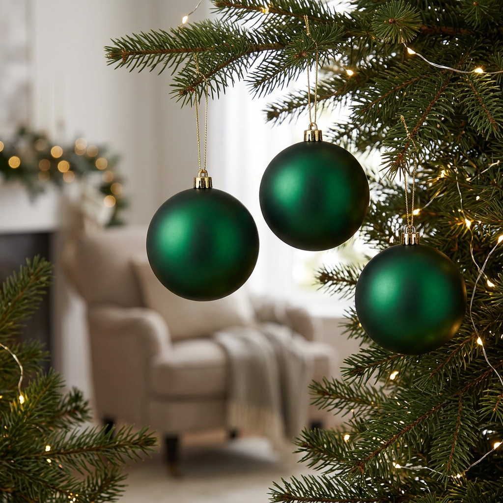 Set de 4 bambalinas mates verdes de 10 cm ambientadas en árbol de Navidad