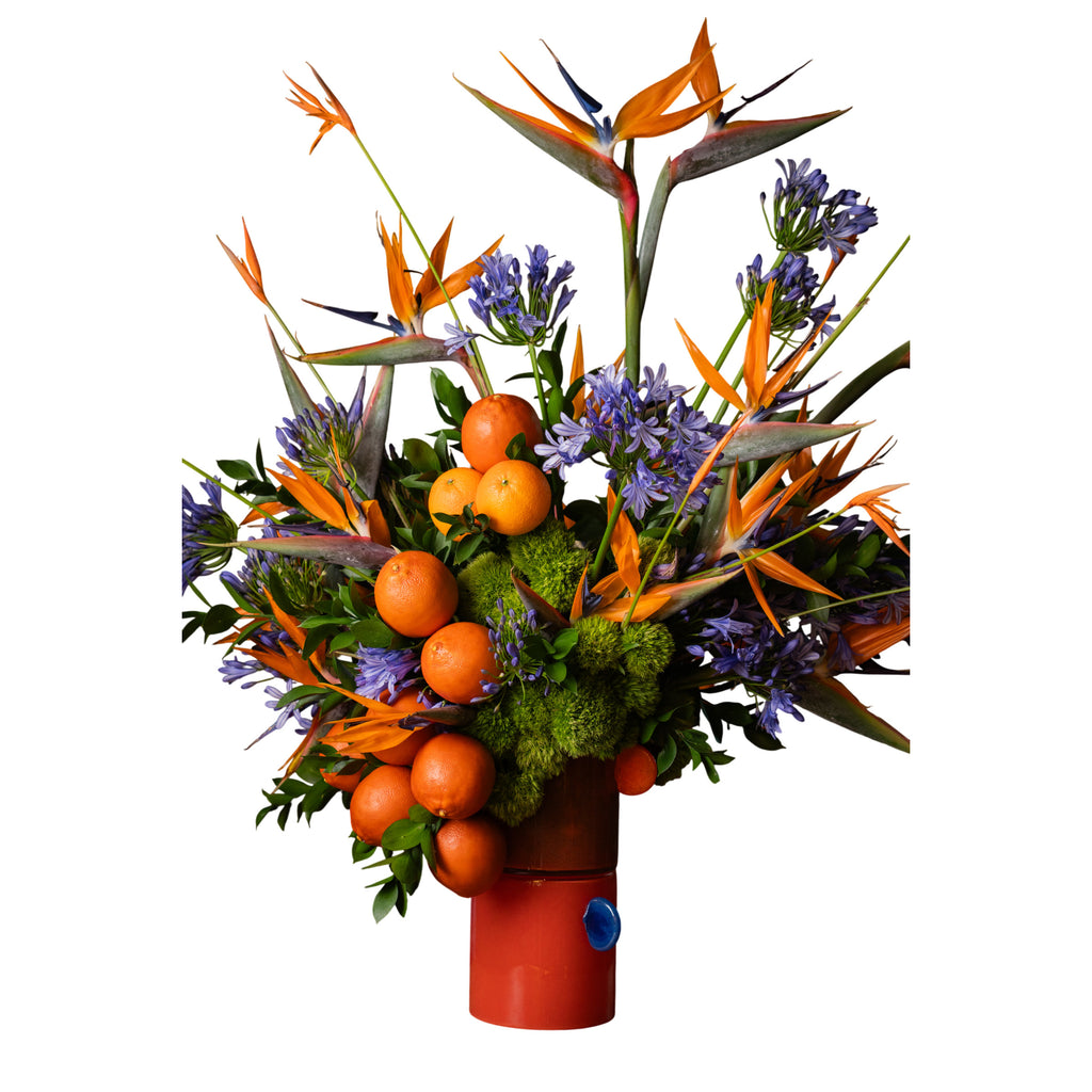 Arreglo Floral Natural Naranja – Ave del Paraíso, Avecillas, Pompones Verdes y Naranjas