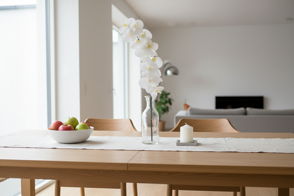 Orquídea blanca con accesorios en mesa