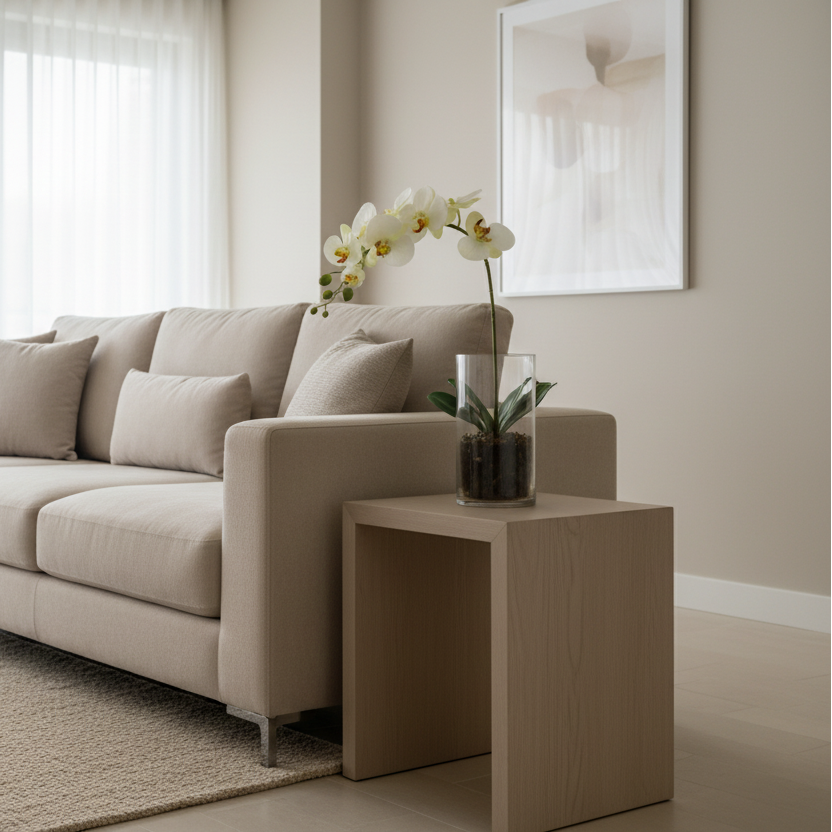 Orquídea blanca con centro amarillo en sala moderna