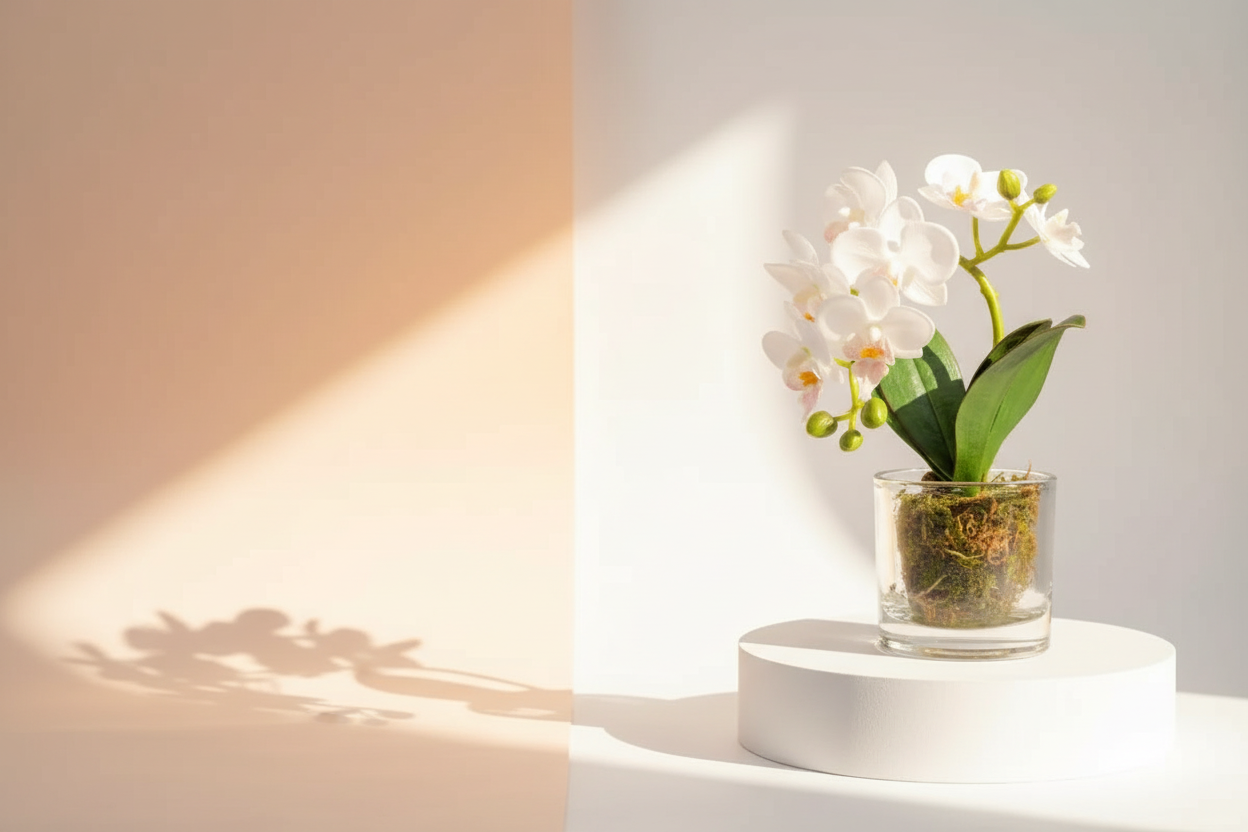 Orquídea en pedestal con luz solar