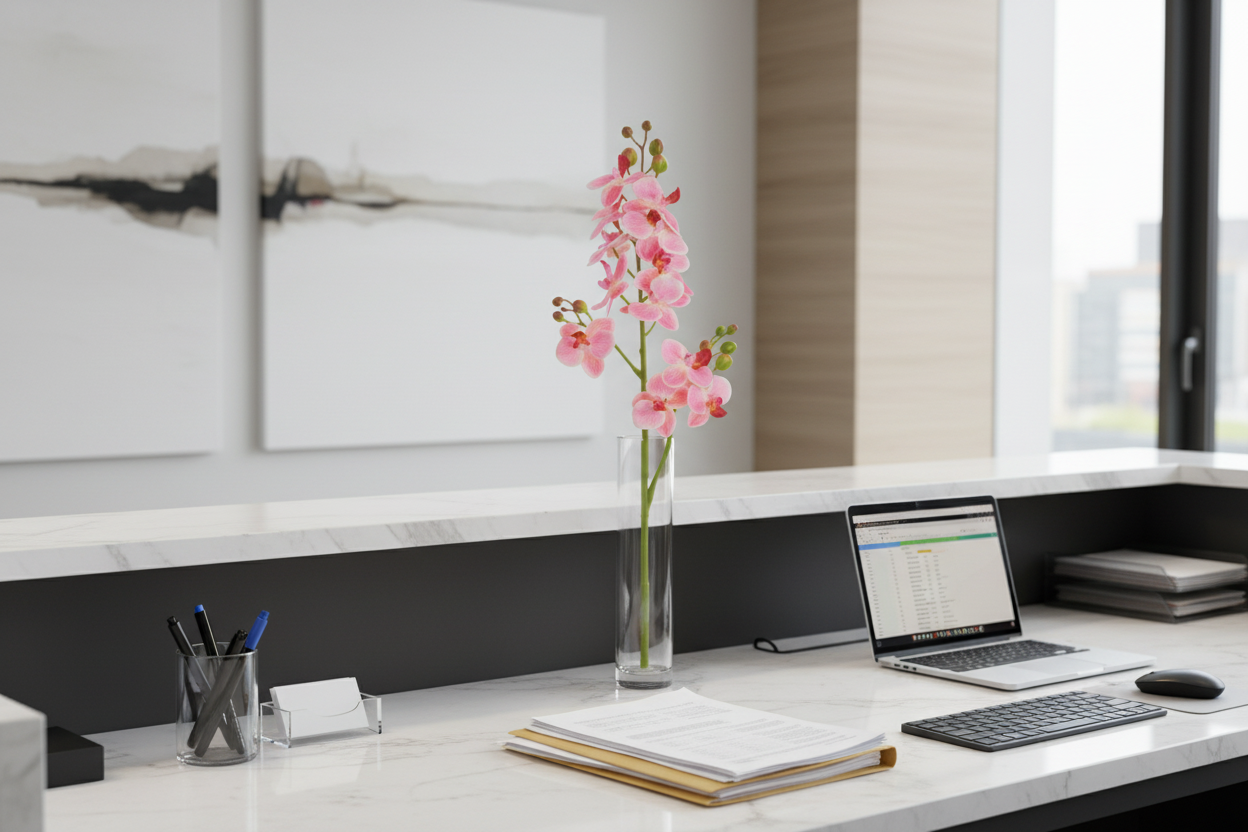 Orquídea en recepción corporativa con accesorios
