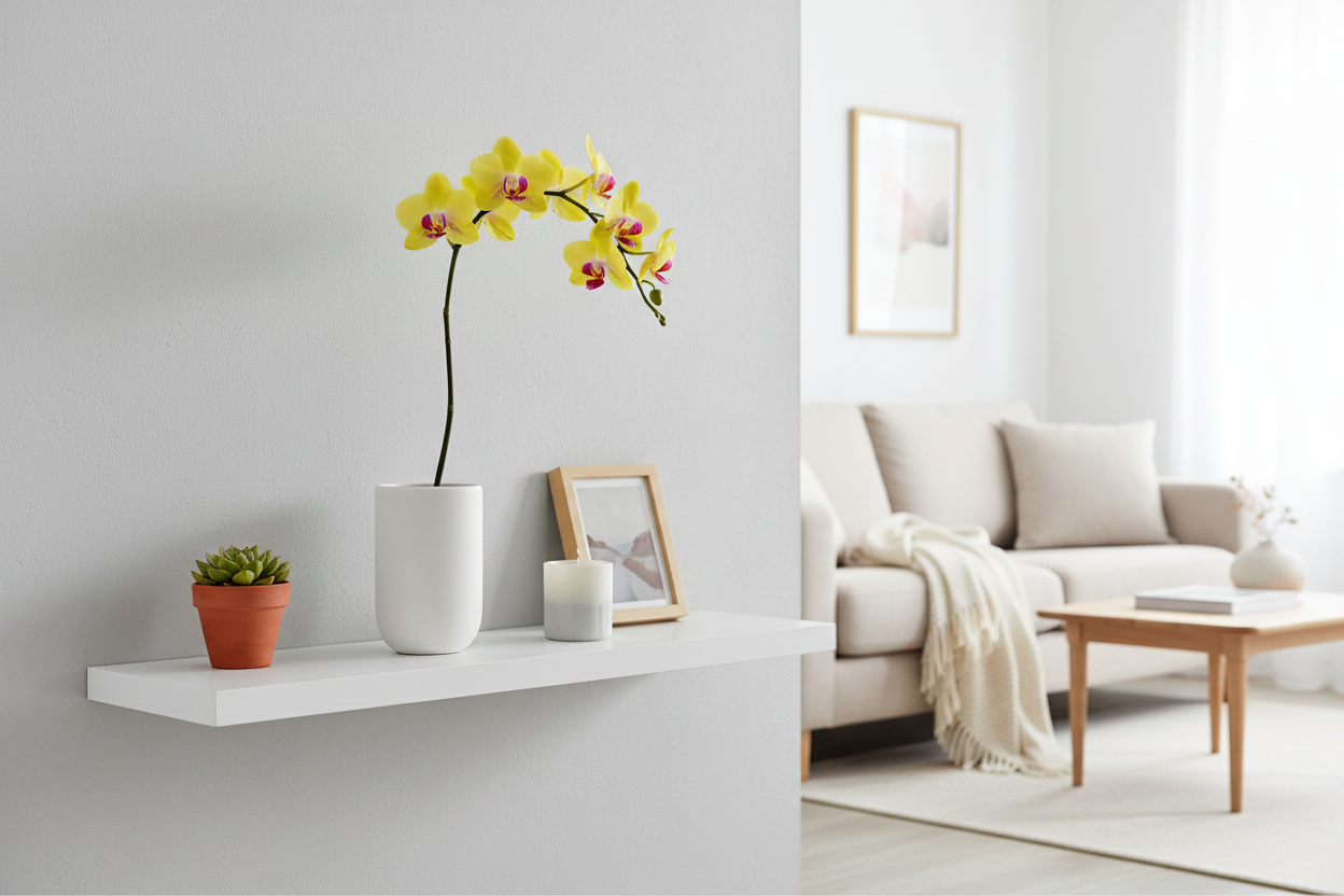 Orquídea Phalaenopsis amarilla en repisa de sala