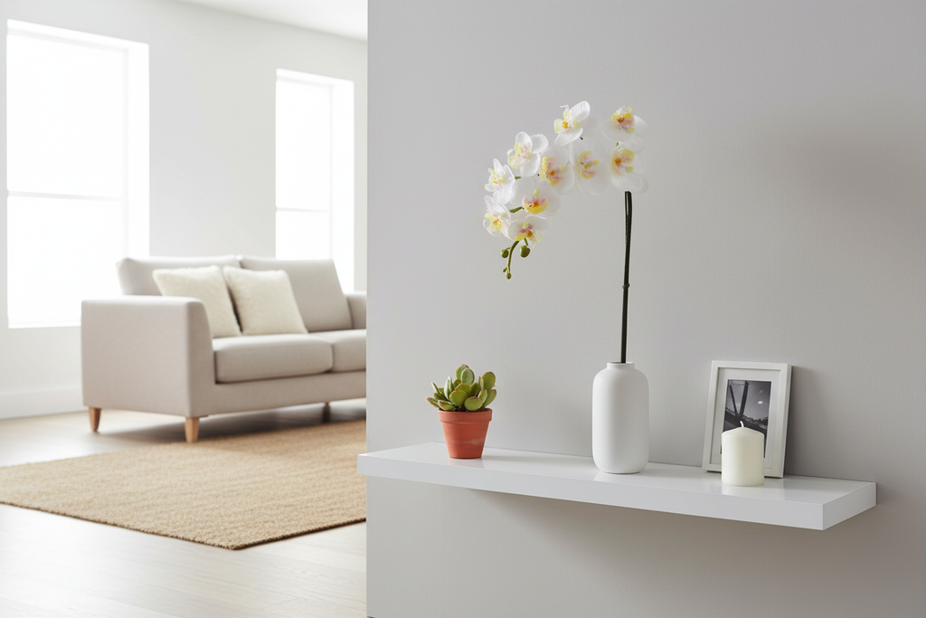 Orquídea Phalaenopsis blanca en repisa de sala