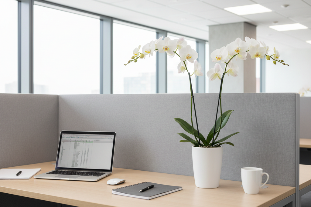 Orquídea Phalaenopsis en escritorio de oficina