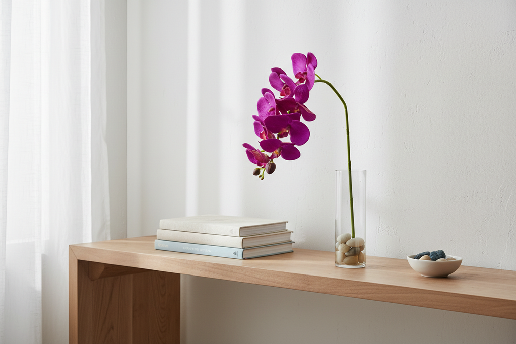 Orquídea Phalaenopsis morada en mesa de hogar