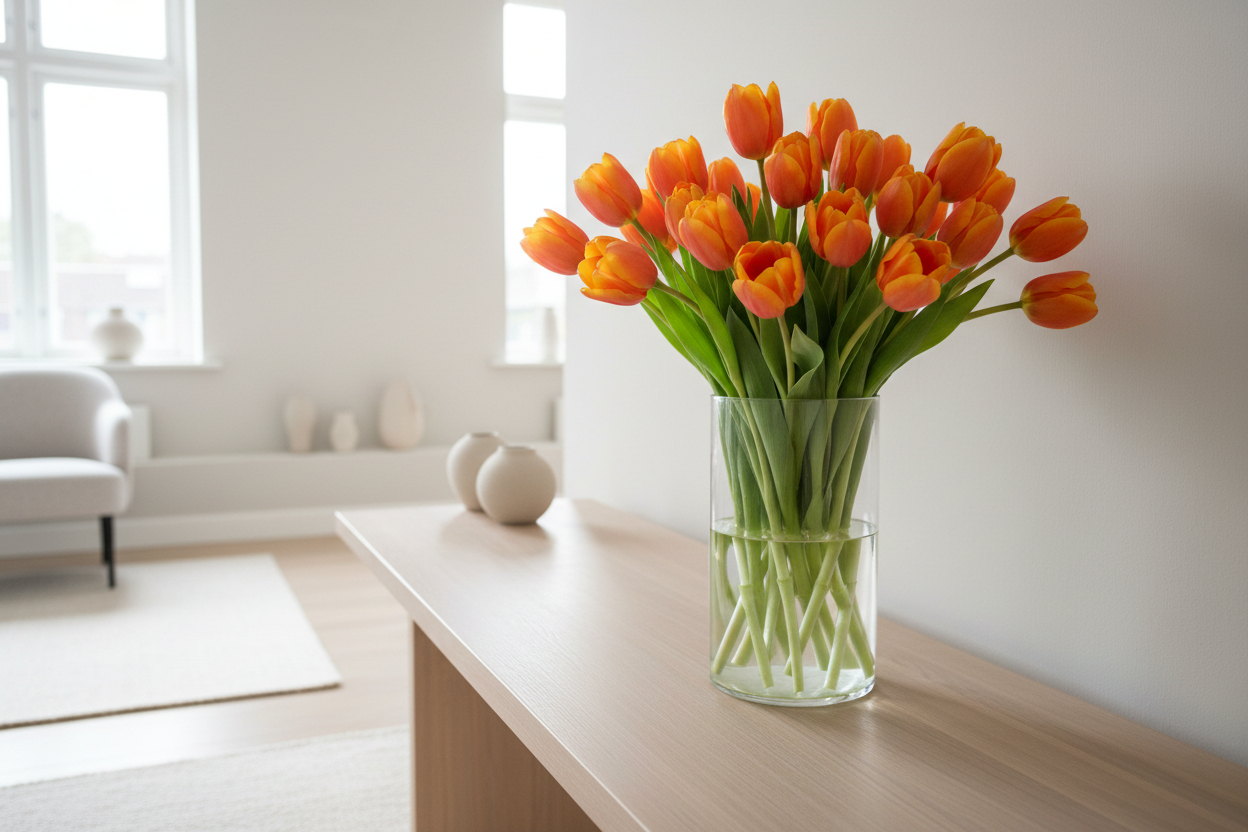 Ramo de tulipanes naranjas en mesa