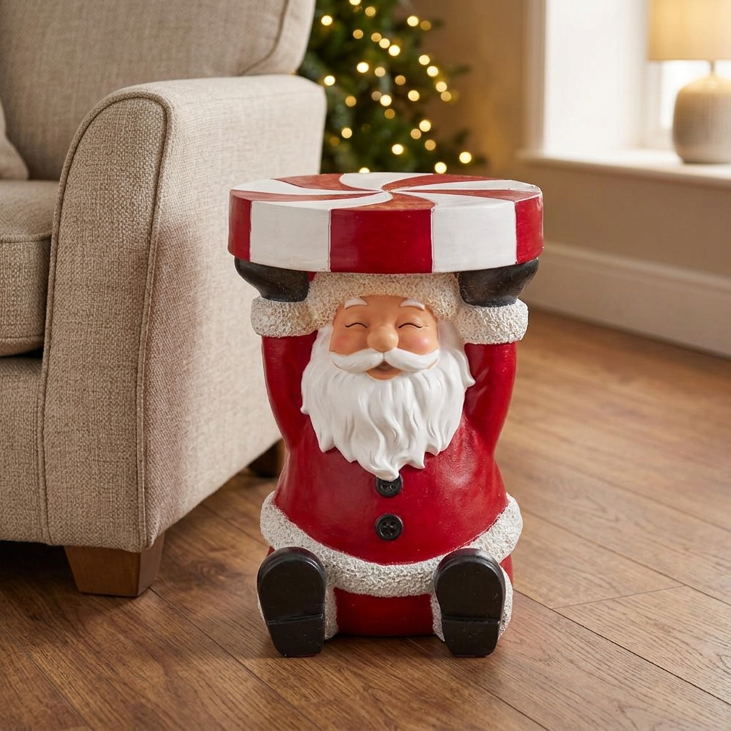 Taburete decorativo Santa Caramelo en un ambiente navideño